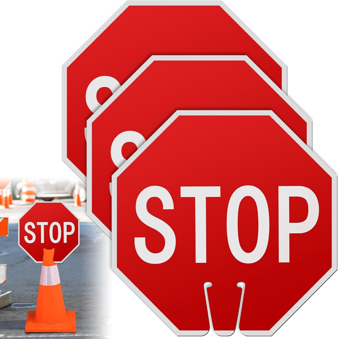 Geetery 3 Pcs Stop Signs 12 x 12 Inches PVC Traffic Cones Top Warning Signs Double Sided for Street Road Barricade Outdoor Weather Resistant Construction