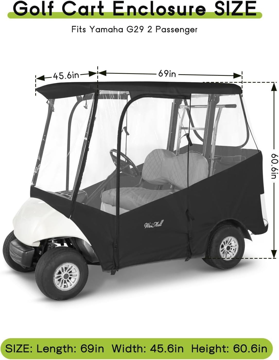 Golf Cart Enclosure 2 Passenger for Yamaha G29 Drive 2 Enclosure Waterproof Windproof Driving Rain Cover Fit 2-Seater Short Roof with 4-Sided Clear Windows Mirror Openings Roll-up Zipper Door Black