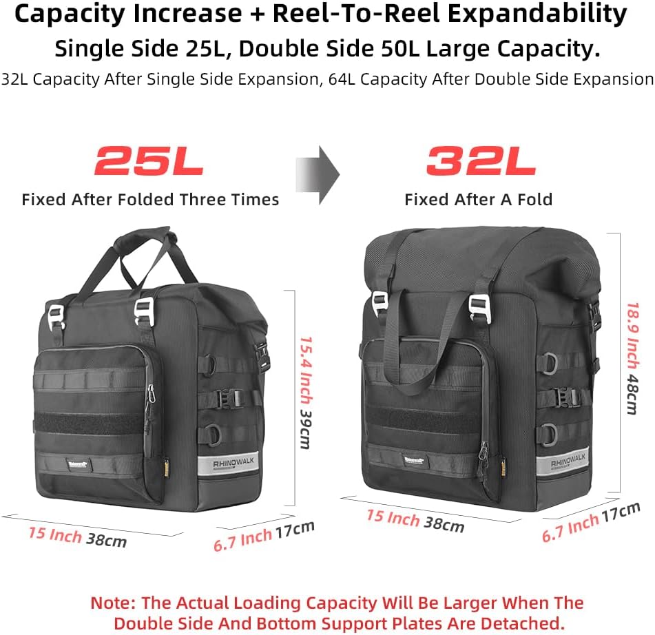 Rhinowalk Motorcycle Saddlebag Waterproof Luggage Bag Quick Release Motorcycle Side Bag 25L Fits Most Adventure and Sports Bike Motorbike Racks (Black, 1 pcs)