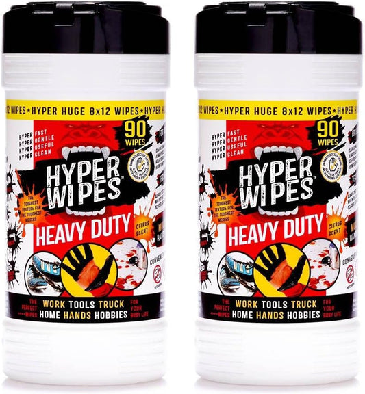 Hyper Wipes, 2 Pack Heavy Duty Hand & Tool Cleaning Wipes, 8"x12" Size Multi-Surface Cleaning Wipes, Degreasing, All Purpose Cleaner, Bathroom, Mechanic, Work Surface Wipes, 180 Count Canister