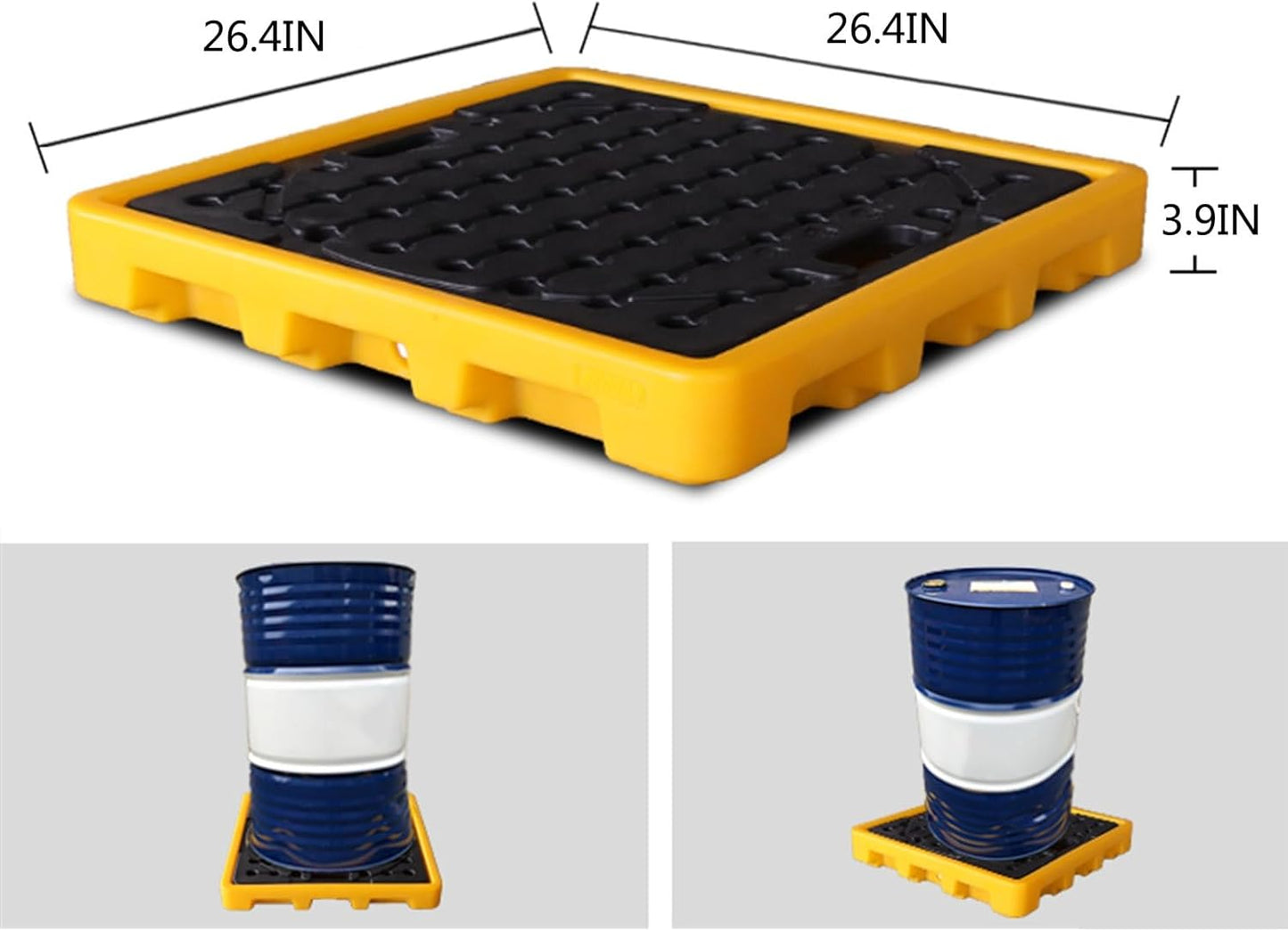Drum Containment Spill Pallet, Industrial Nestable Oil Drums Leak-Proof Tray, Garage Storage Detachable Anti Slip Polyethylene Platform with Drain (Color : Yellow-2 Pack, Size : 26.4"x26.4"x