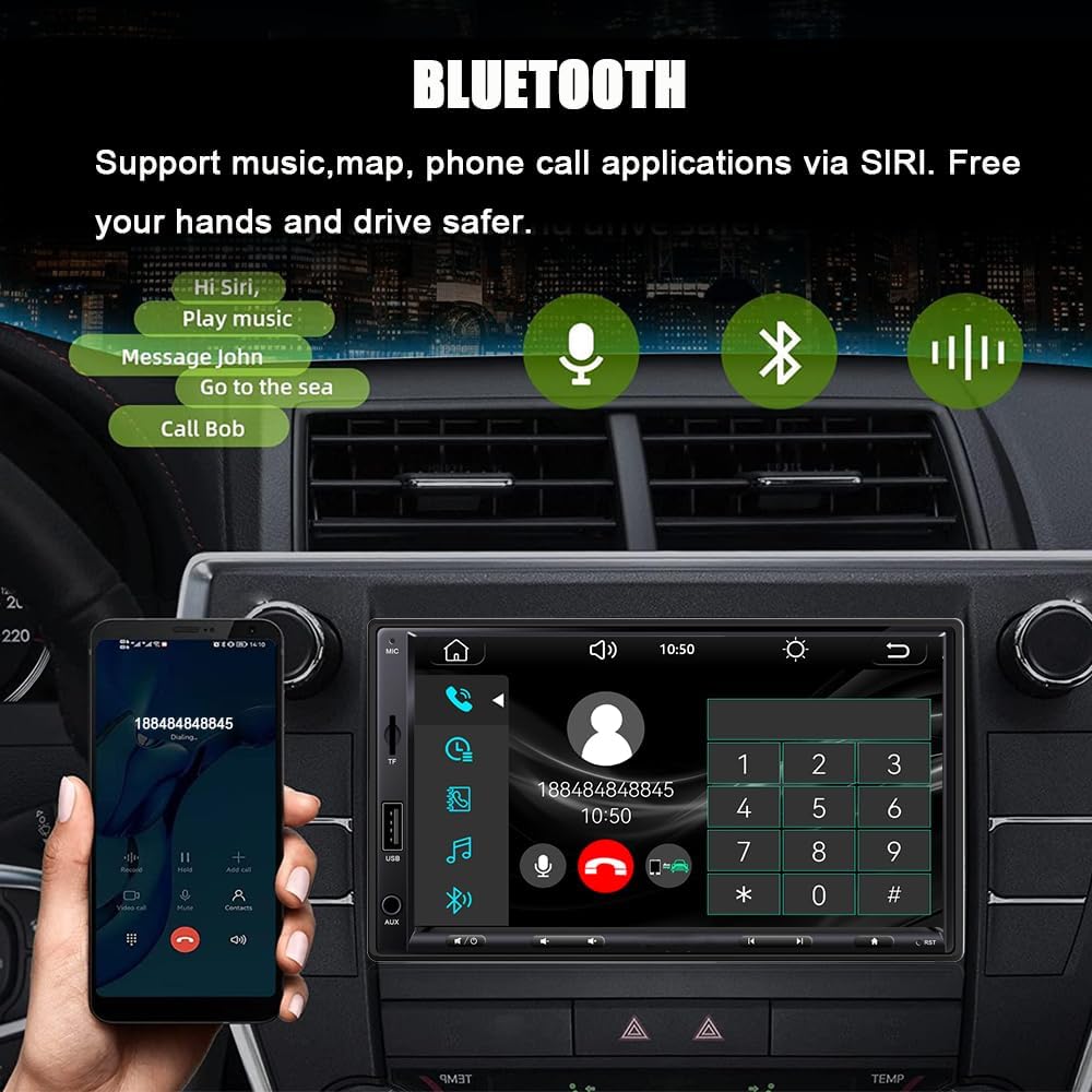 7 Inch Double Din Car Stereo with Wireless Apple Carplay & Android Auto Navi Radio Head Unit with Touch Screen Bluetooth AM/FM Receiver/Mirror Link/Backup Camera/TF/AUX/USB Input