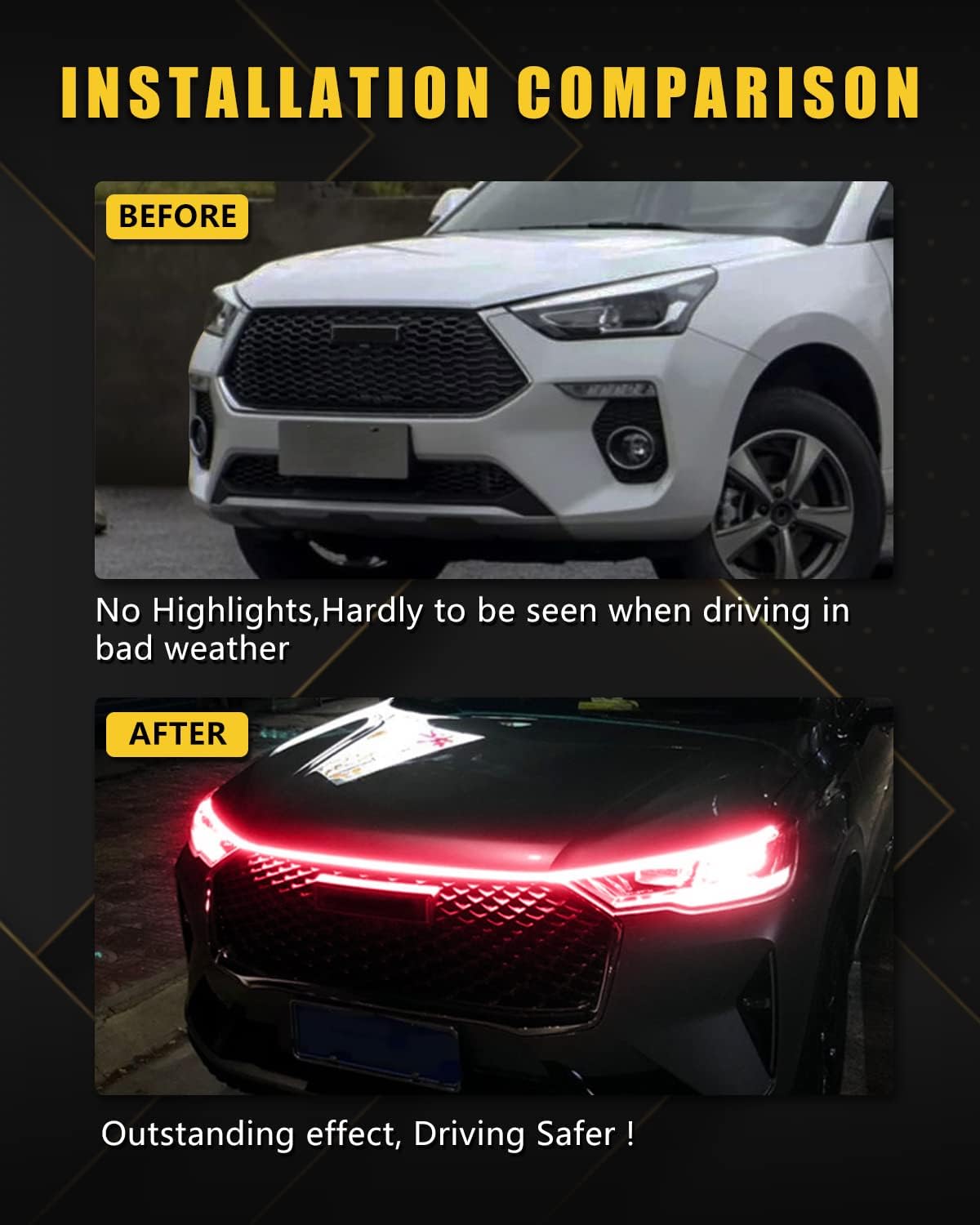 YM E-Bright Led Hood Light Strip Exterior Car Led Strip Light Waterproof Flexible DRL Dynamic Scan Start Up Hoodbeam Kit Daytime Running Lights for Car,Truck,SUV,12V 59inch,Red,1 Set