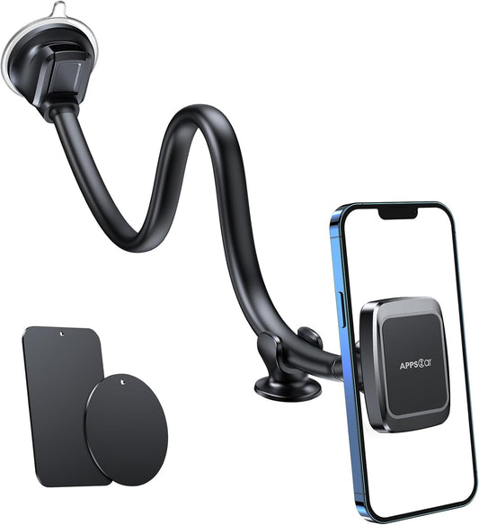 APPS2Car Magnetic Phone Holder Mount with 13-inch Flexible Long Arm & 6 Strong Magnets, Anti-Shake Holder for Truck Windshield Dashboard, Suction Car Mount for All Phones