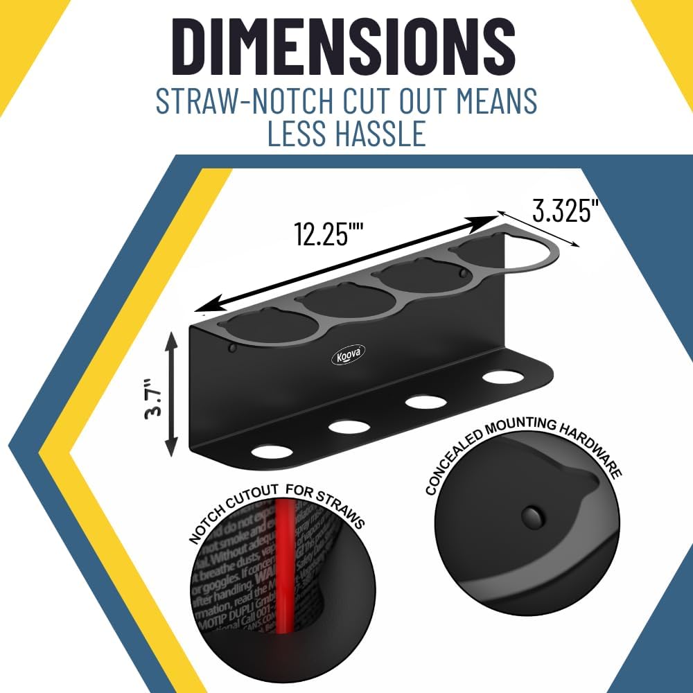 Koova 4 Aerosol Spray Can Holder | Easy Install Wall Mount | Heavy-Duty Powder Coated Steel Storage Rack for Garage & Home | Craft Workspace Paint Bottle Organizer | Hardware Included | USA Made