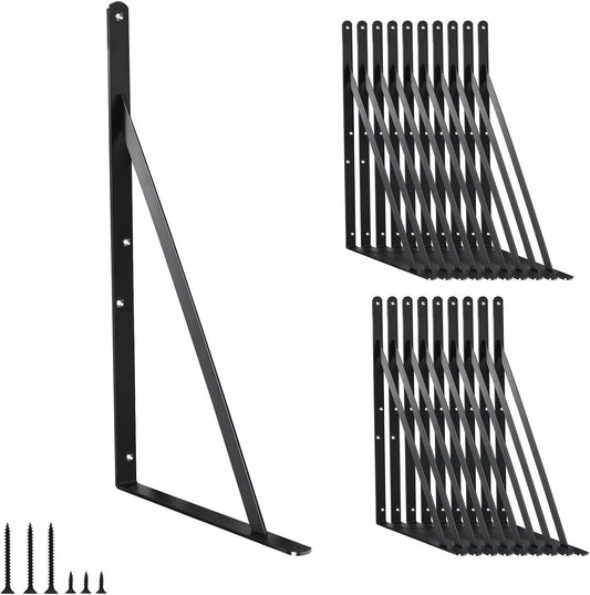 20 Pack L16 x H 10" Black Heavy Duty Shelf Brackets with Screws Metal Shelf Brackets Shelf Support Angle Brackets for Shelves L Brackets Heavy Duty Floating Shelf