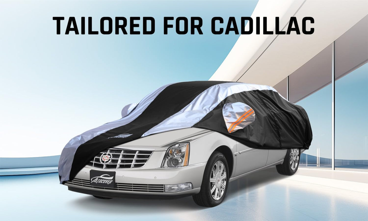 Car Cover Waterproof All Weather with Silver Strip Design, Custom Fit for DTS(2006–2011), XTS(2013-2019), CT6(2016-2020), DTS Accessory with Door Zipper & Windproof Straps