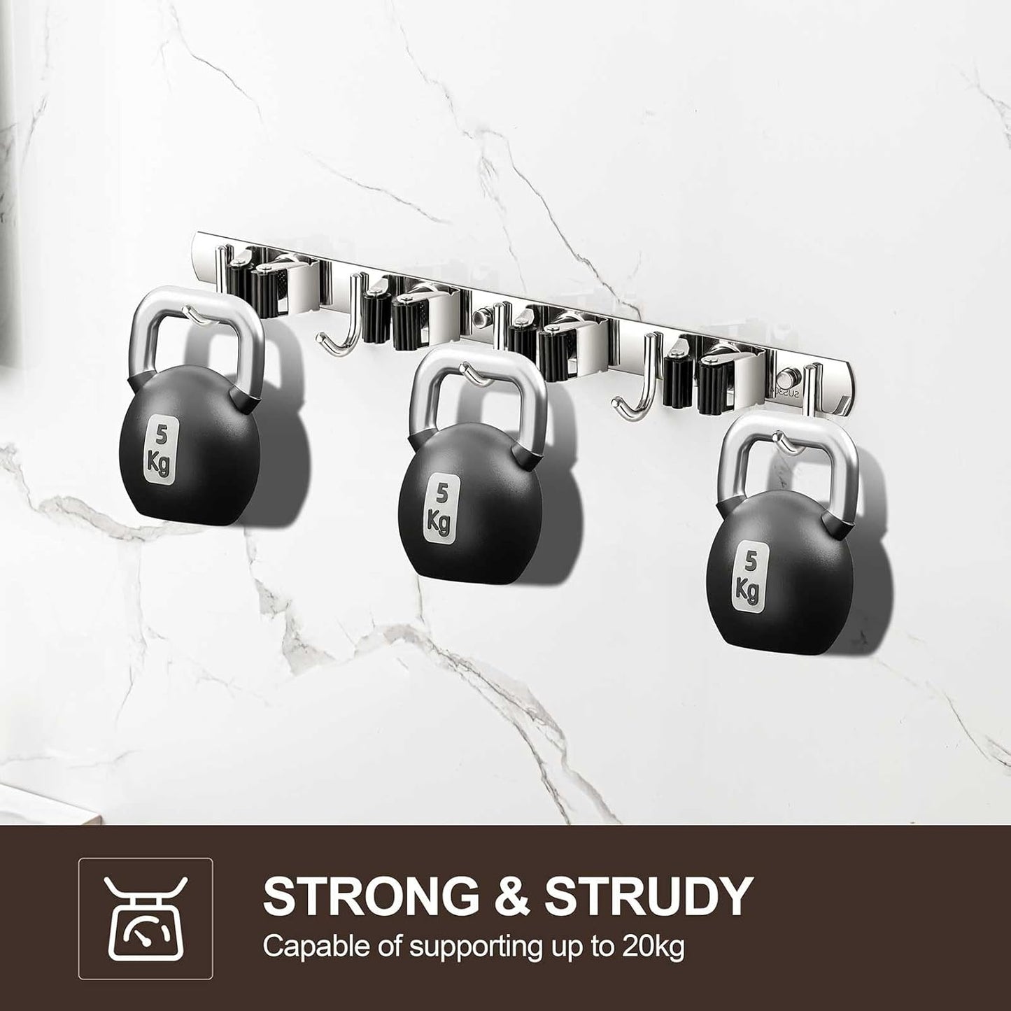 Broom Holder Wall Mount, Stainless Steel Broom Hanger Wall Mount, Heavy Duty Mop and Broom Holder Tool Racks Utility Hooks for Laundry Room Garden Garage, Grey (4 Racks and 5 Hooks)