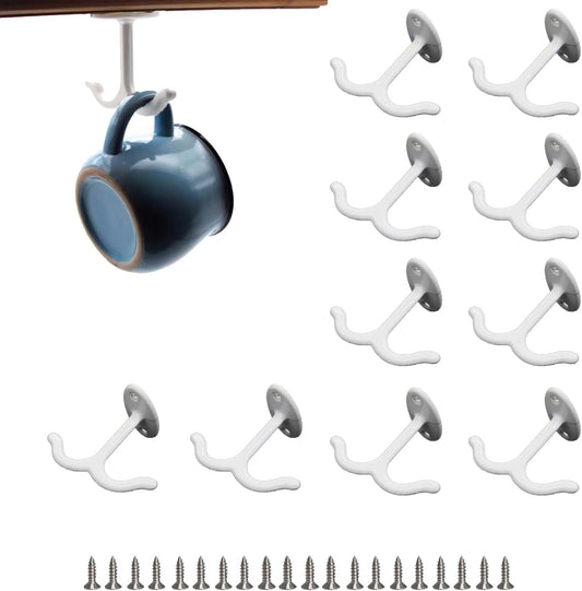 10 Pcs Zinc Alloy Ceiling Double Hook Cabinet Wardrobe Coat Towel Hat Hook Hooks Under Cabinet Shelf (White)
