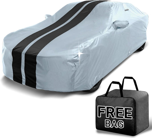iCarCover Custom Car Cover for Chevy Camaro Z28, IROC-Z, RS, Berlinetta, Sport (1982-1992) Waterproof All Weather Rain Snow UV Sun Protector Full Exterior Indoor Outdoor Car Cover (Stripe-Gray/Black)