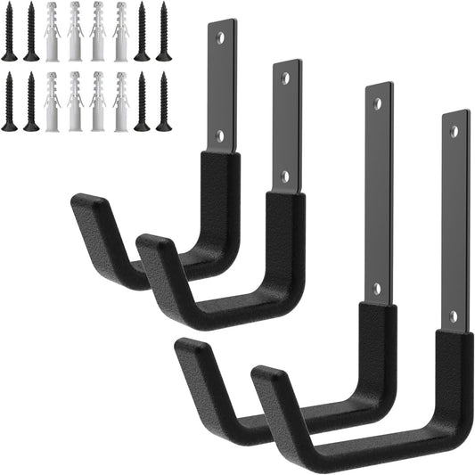 Heavy Duty Utility Hook System - Wall Mounted Garage Hooks for Bikes, Ladders, Tools & More - Black