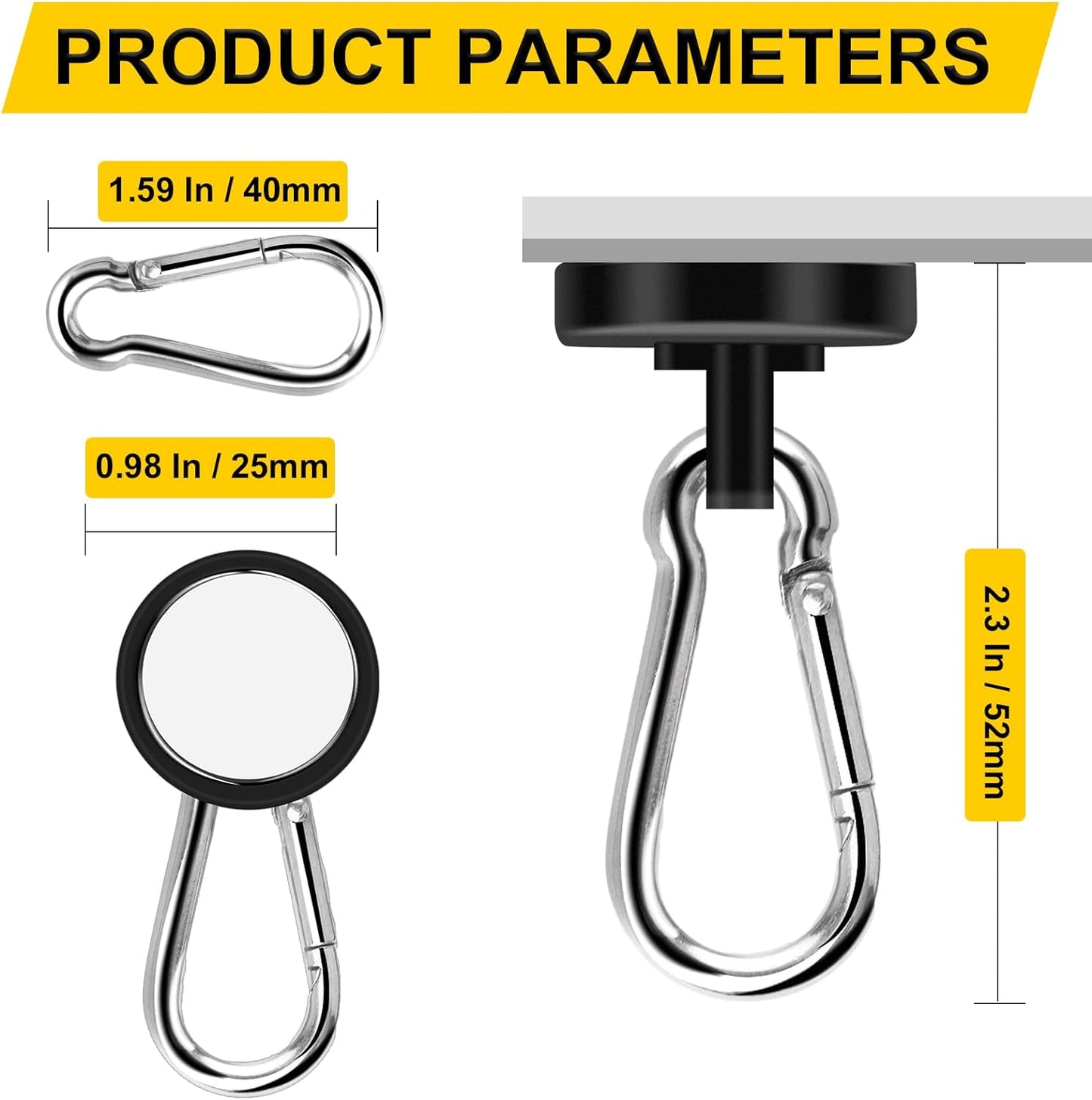 DIYMAG Magnetic Hooks, 70LBS Heavy Duty Neodymium Magnetics with Swivel Carabiner Hook,Great for Your Refrigerator and Other Magnetism Surfaces, Pack of 6