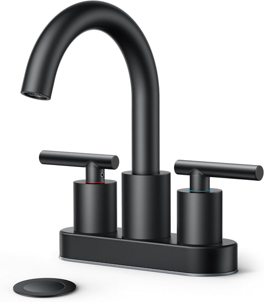 FORIOUS 4 Inch Centerset Bathroom Faucet Black 2 Hole, Two Handle Matte Black 4 Inch Faucet for Bathroom Sink Centerset with Metal Dain, Supply Line, and 360° Rotating Spout Rv Basin Tap