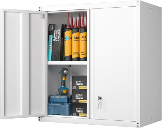 GREATMEET Metal Wall Cabinet, Wall Mounted Storage Cabinet with Lock for Garage Storage, White Floating Cabinet with Doors and Adjustable Shelf for Utility Room