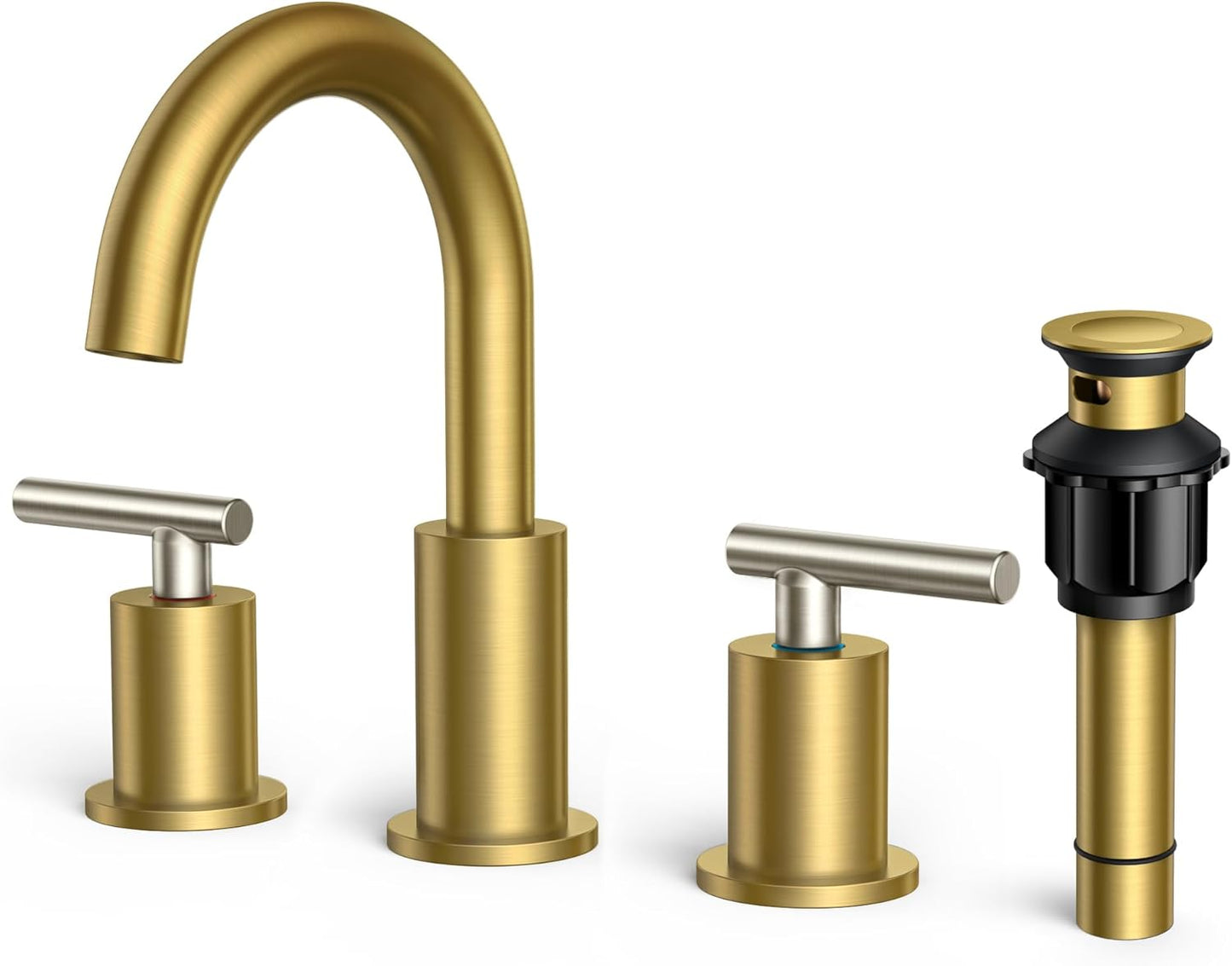 FORIOUS Brushed Nickel and Gold Bathroom Faucet 3 Hole, Lead-Free 8 in Widespread Bathroom Vanity Faucet Brushed Gold and Silver with Metal Pop-up Drain, cUPC Supply Hoses, and 1.2 GPM Spare Aerator