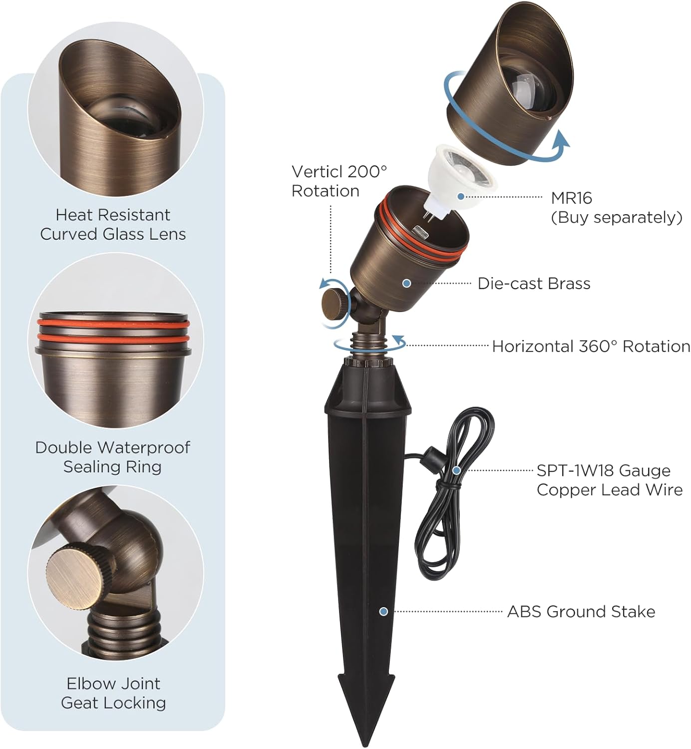 Gardencoin Solid Brass Outdoor Landscape Spotlights, 12V Heavy Duty LED Low Voltage Landscape Spot Light for Garden and Yard Uplighting, Bronze Accent Lighting Fixture Without Bulb, 4 Pack