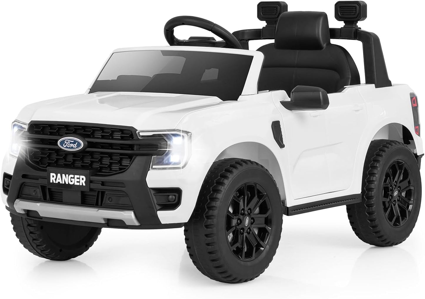 HONEY JOY Ride On Car, 12V Licensed Ford Ranger Electric Vehicle for Kids, Spring Suspension, Music & 3 Speeds, Horn, LED Lights, Battery Powered Ride On Toy with Remote Control(White)