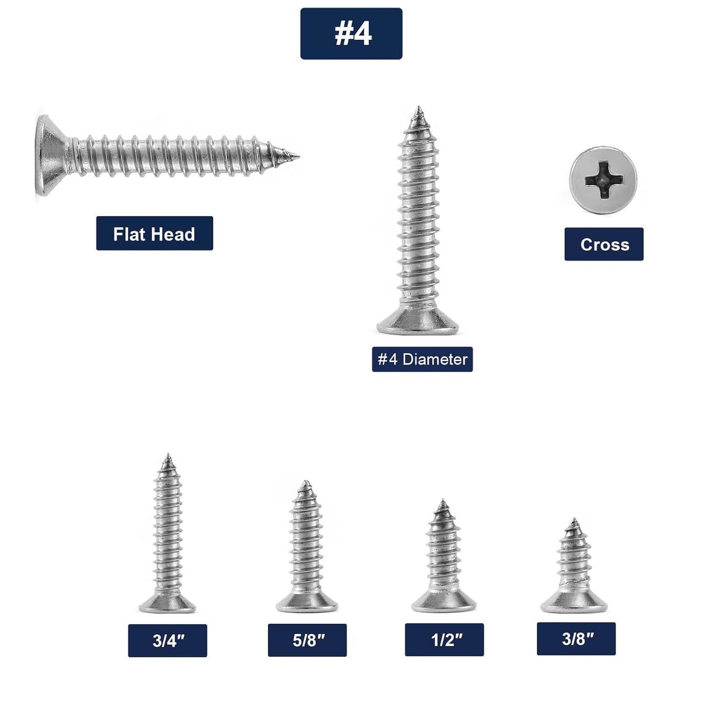#4 x 3/4" Wood Screw 100Pcs 18-8 (304) Stainless Steel Screws Flat Head Phillips Fast Self Tapping Drywall Screws by SG TZH