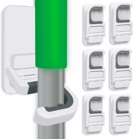 6 pack Broom Holder Wall Mount Mop Holder Broom and Mop Gripper Self Adhesive Peel and Stick Anti-Slip Mop Handle Hanger Household Cleaning Organizer, Holds up to 6 lb