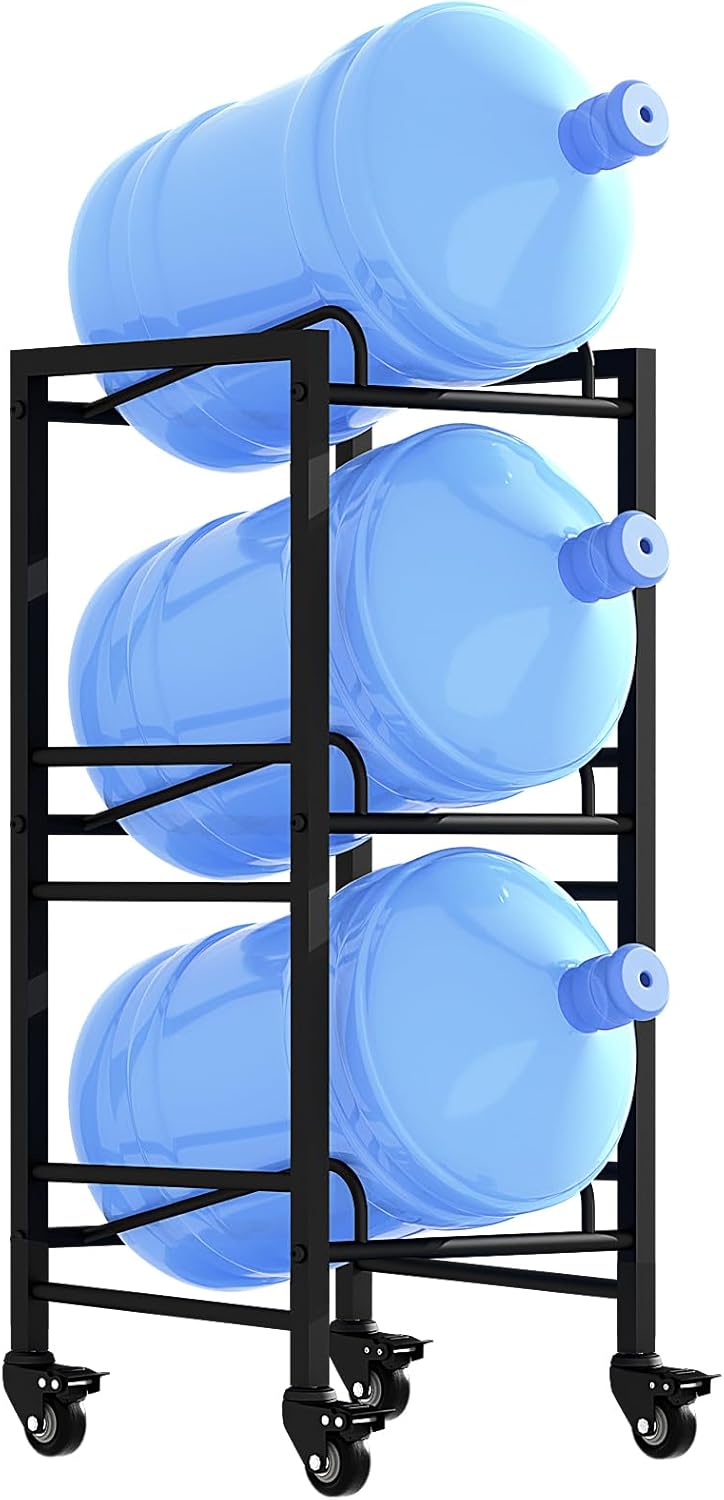 5 Gallon Water Jug Holder, Movable 3 Tier Heavy Duty Water Rack with 4 Wheels, Rack for Water Jug Storage, Space Saving Water Stand for Three 5 Gallon Water Jugs, Black