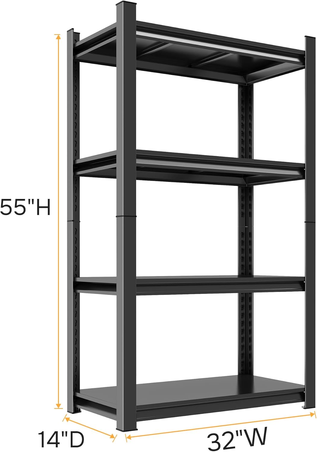 55" H Garage Shelving 2400LBS Capacity Heavy Duty Storage Shelves, Adjustable 4 Tier Metal Industrial Shelf for Kitchen, Utility Room, Warehouse and Basement,14" Dx32 Wx55 H, Black
