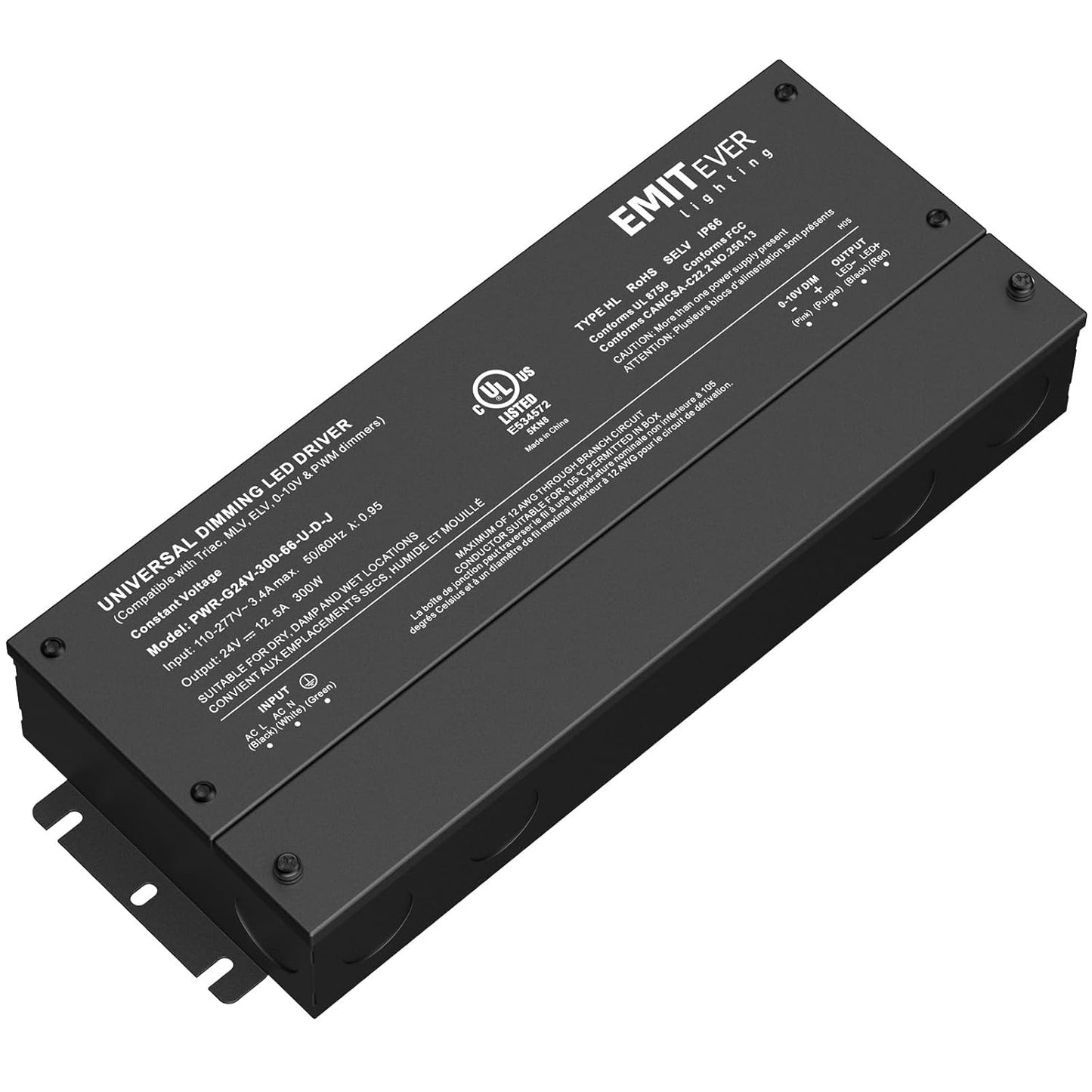 EMITEVER Dimmable Led Driver, 300W AC 110V-277V to DC 24V Transformer, 5-in-1 Dimming: ELV/MLV/TRIAC / 0-10V / 1-10V / 10V PWM/Potentiometer, Waterproof IP67 and UL Listed