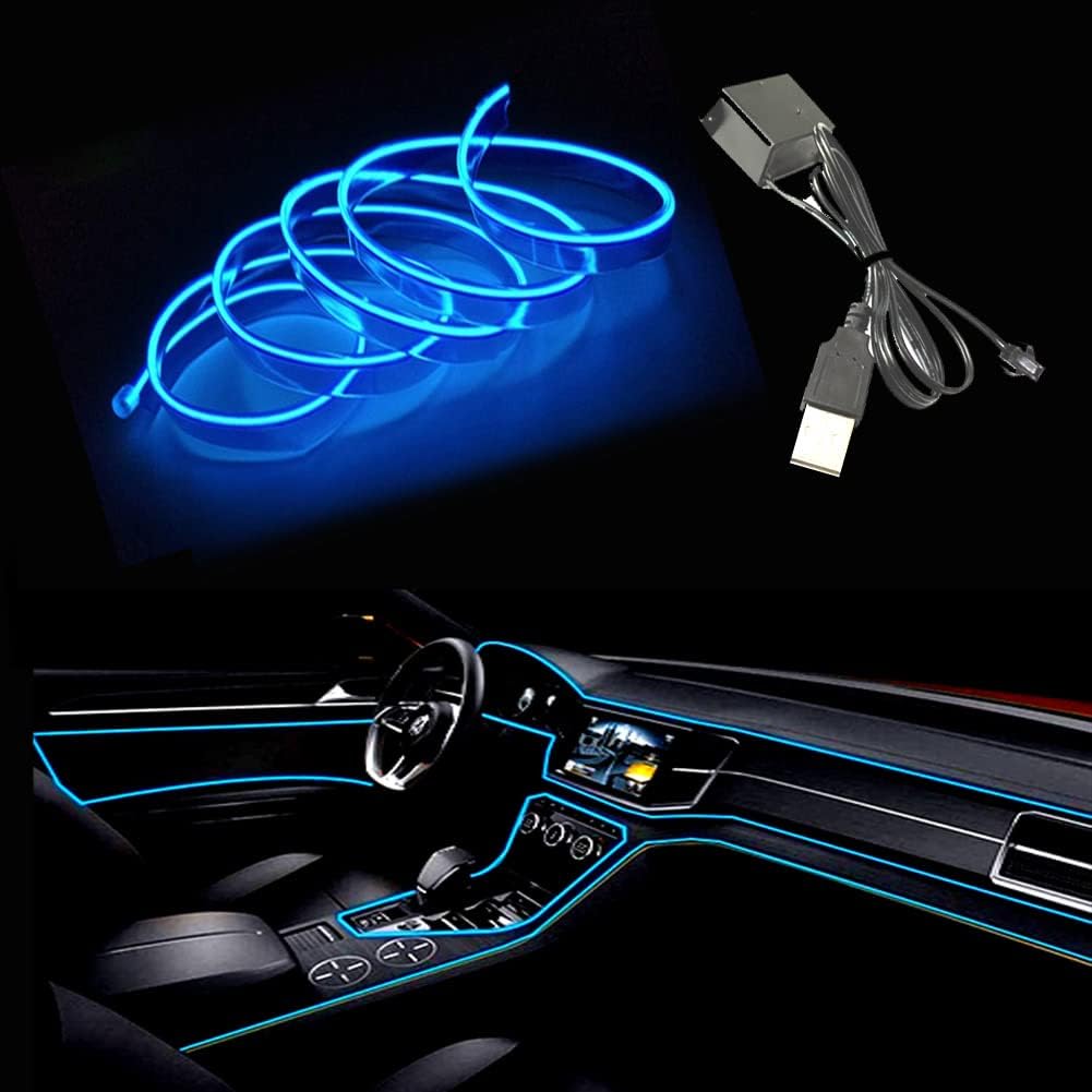 El Wire Blue Interior Car LED Strip Lights, 5M Neon Wire USB 5V with Fuse Protection for Automotive Interior Decoration, with 6mm Sewing Edge