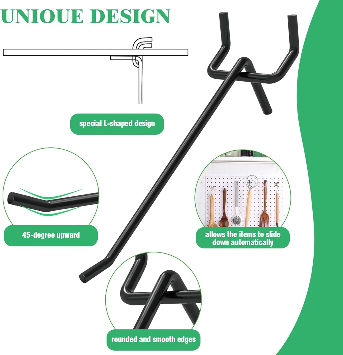 50Pcs 4"/10CM Pegboard Hooks Assortment Set, Metal Peg Board Hooks with 2.5mm Hole Pitch 4mm Wire Diameter Slatwall Hanging Hook for Garage Organization Wall Hanging (Black)