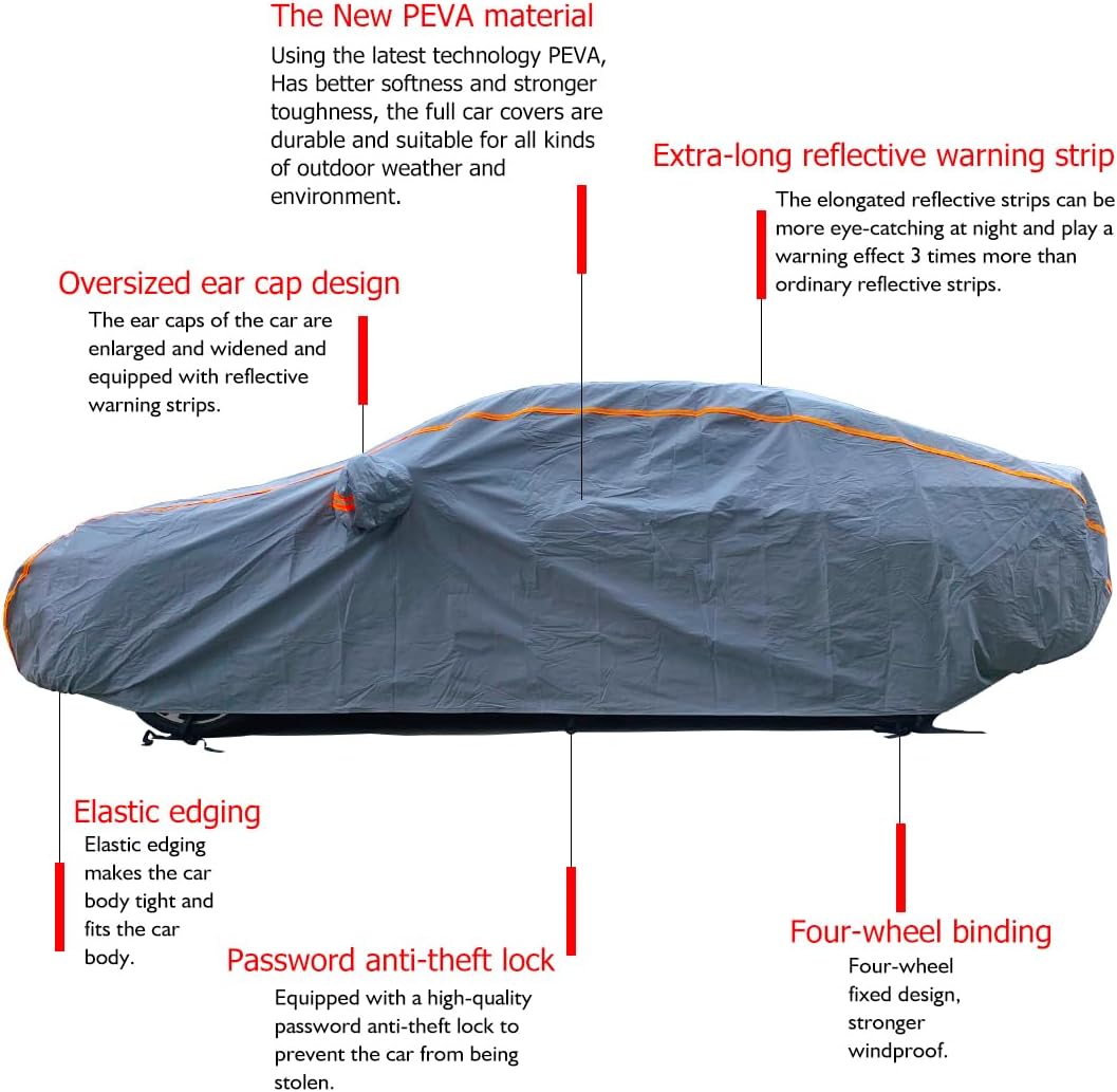KEYOOG Universal Waterproof Heavy Weight Full Car Covers, Fit Pickup, All Weather, Outdoor Full Cover Weatherproof UV Sun Protection Snow Dust Storm Resistant with PEVA Cotton, Fit Length 213"-237"