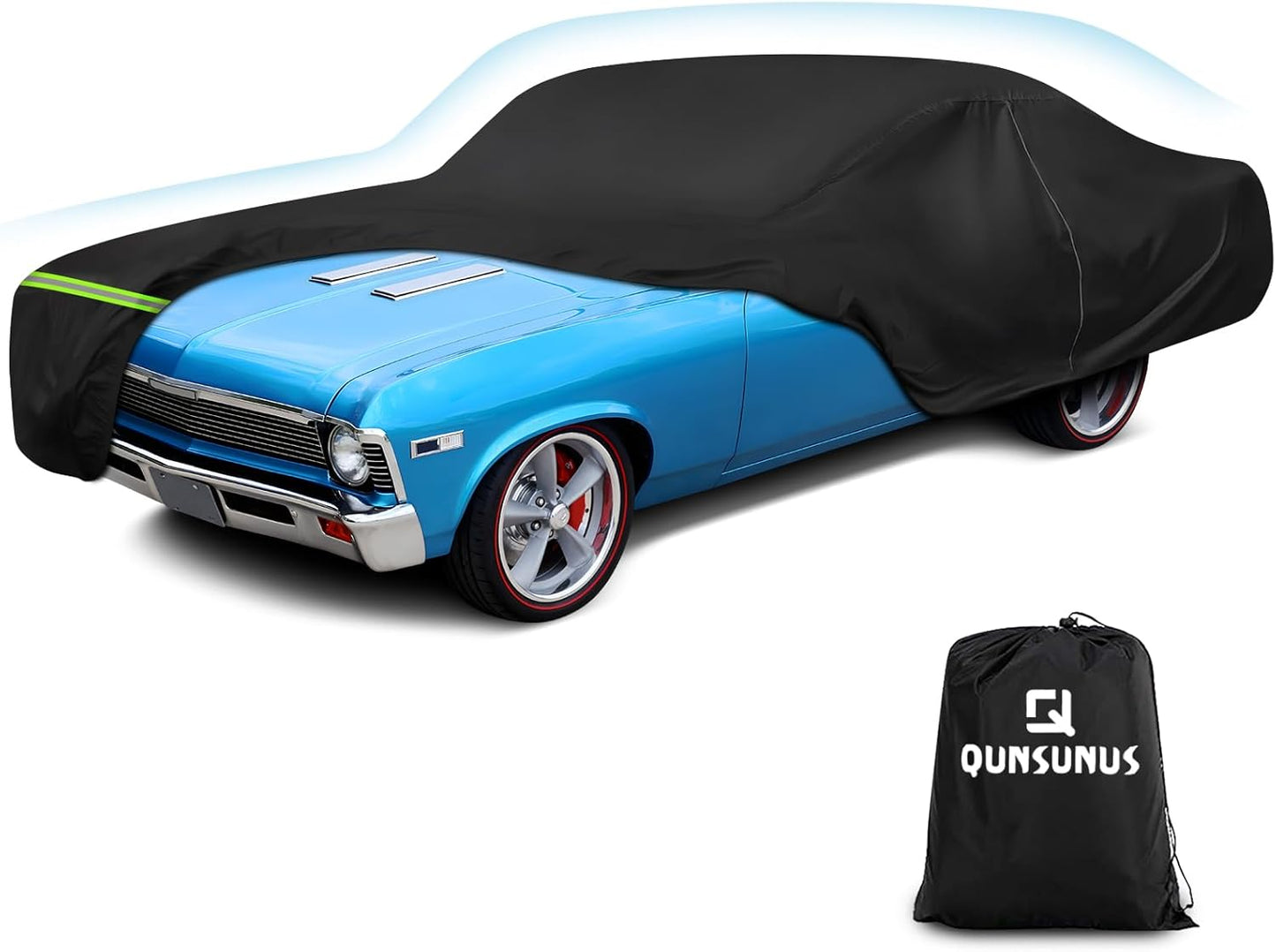 QUNSUNUS Waterproof Car Cover for Chevy Nova 2-Door 1968-1979, Outdoor Car Covers with Zipper, All Weather Cover with Straps and Elastic Edges for Wind, Sun, UV and Dust Protection