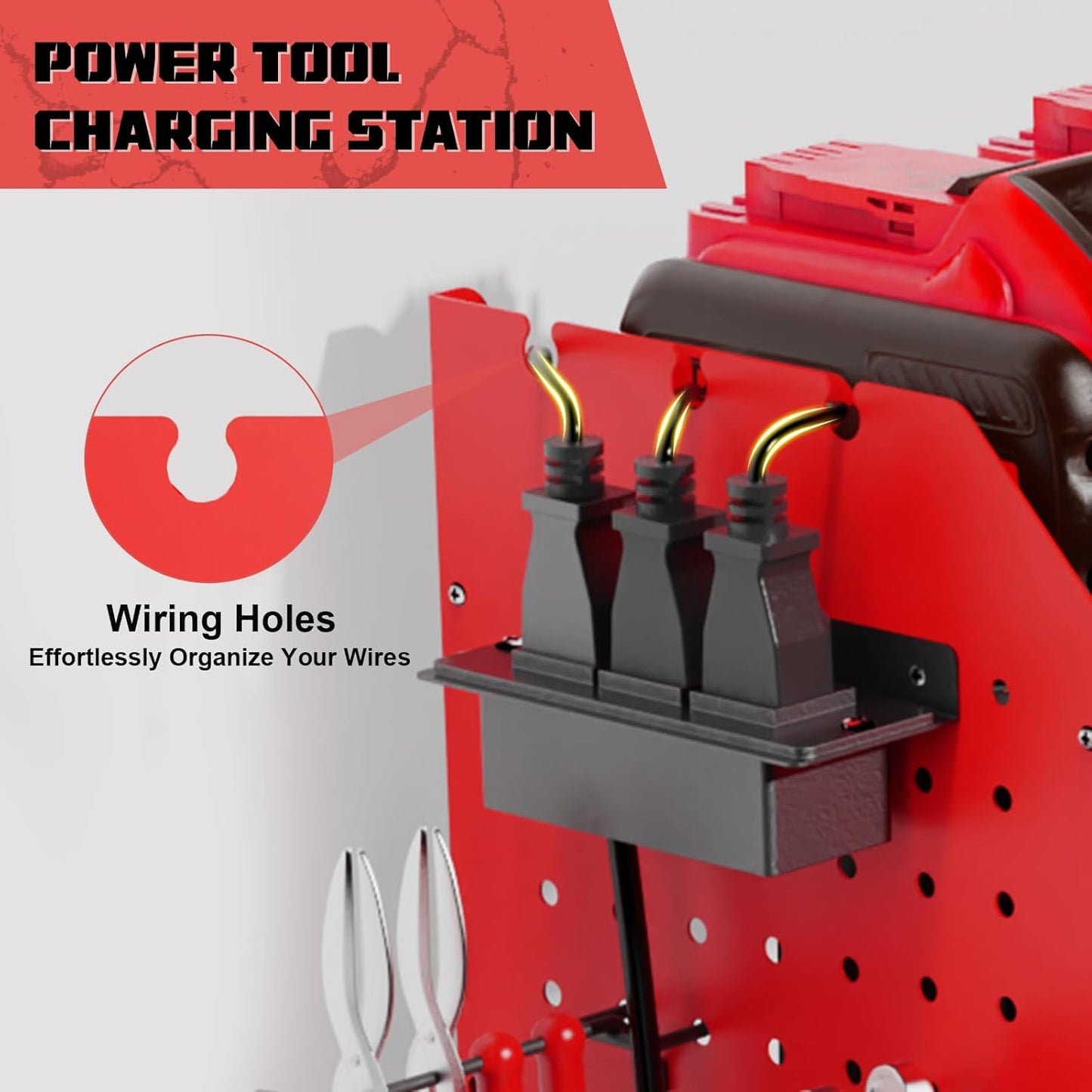 Power Tool Organizer Wall Mount with Charging Station, 45.5" Expanded Garage Wall Tool Organizer with 4 Pegboard Hooks, 6.5FT Outlet Power Strip, Large Garage Storage Rack for Impact Wrenches