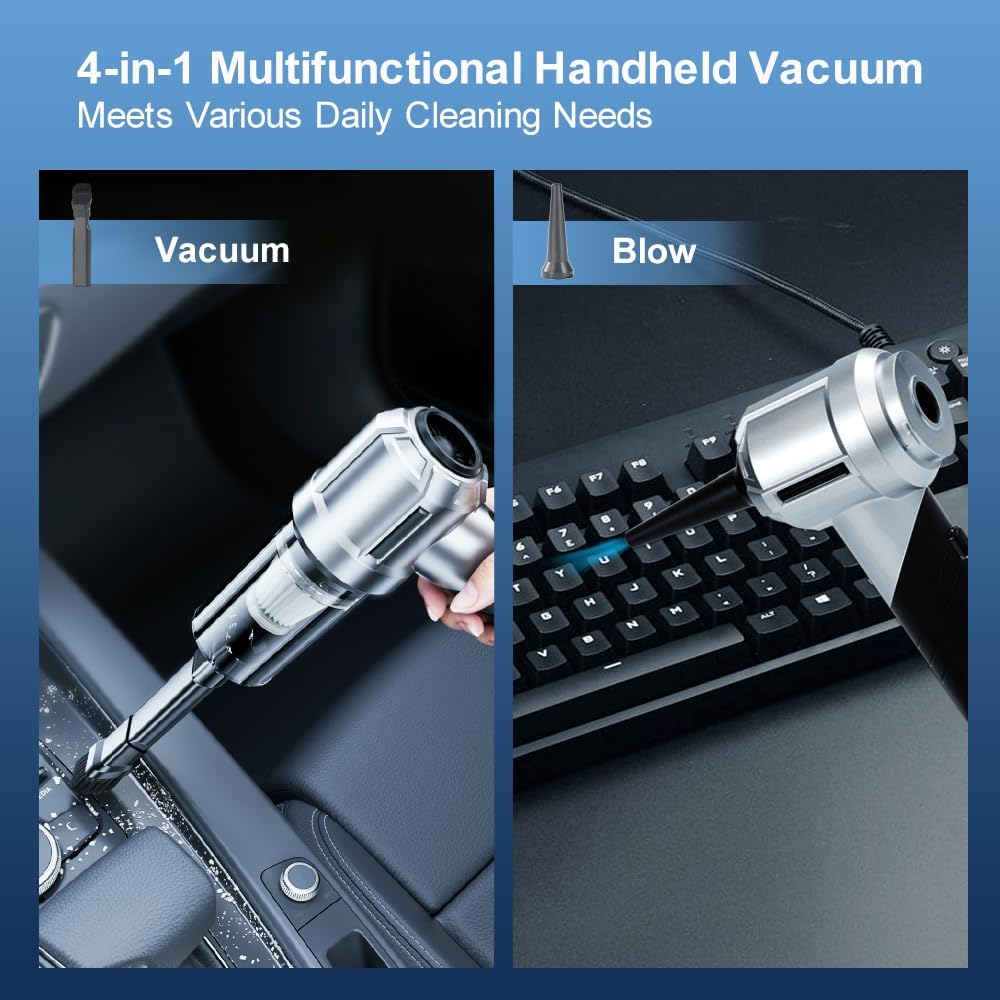 Handheld Foldable Car Vacuum, 4-in-1 18000PA Mini Vacuum Cleaner Portable Cordless, Air Blower, High Power Air Duster with Brushless Motor, for Car, Home, Office, Camping (Black)