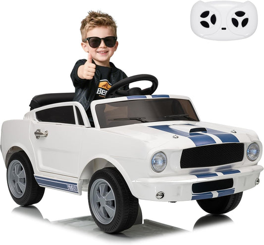 12V Ride on Car Licensed Shelby GT350, Battery Powered Ride On Toy for Toddlers with Remote Control, Electric Car for Kids, Bluetooth, Shock Absorbers, Safety Belt, 3 Speeds, LED Lights, Music, White