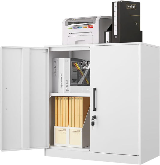 LUCYPAL Locking Storage Cabinets,Metal Cabinet with Adjustable Shelves and 2 Doors,Steel Counter Cabinet with Lockable Doors for Home Office (White)