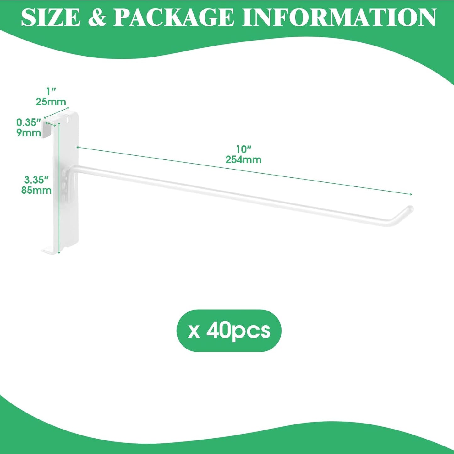 40Pcs 10" Gridwall Display Hooks Assortment Set, White Metal Grid Wall Panel Hanging Display Hook for Garage Shop Retail Storage, Wire Diameter 5mm/ 0.2”