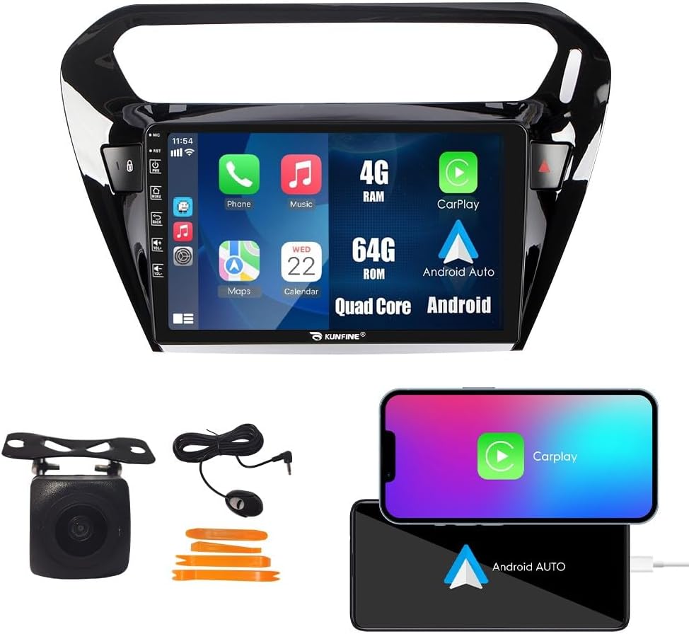 Kunfine Car CarPlay Android Auto Navigation Stereo GPS Radio Reverse Camera Display 9" IPS Touchscreen Headunit Tablet Pad Media Player For Peugeot 301 13-22 if Applicable Quad Core 4G+64G Gloss Black
