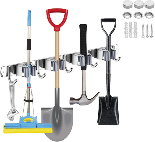 Mop Broom Holder Wall Mount Heavy Duty Adhesive Tools Organizer Rack Stainless Steel with 4 Positions 5 Hooks for Utility Room, Garage, Laundry, Garden, Kitchen, Bathroom, Toilet and Office