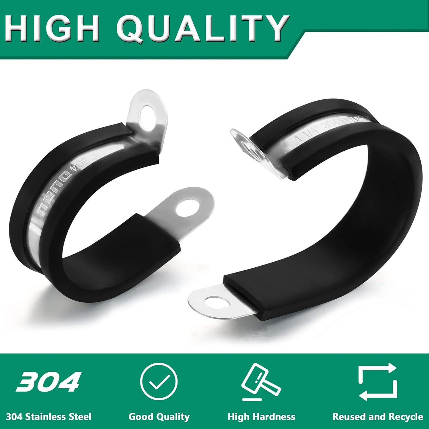 10pcs 1-3/4 Inch Stainless Steel & Rubber Coated Cushioned Insulated Cable Clamps, Automotive Pipe & Wire Clamps, Black