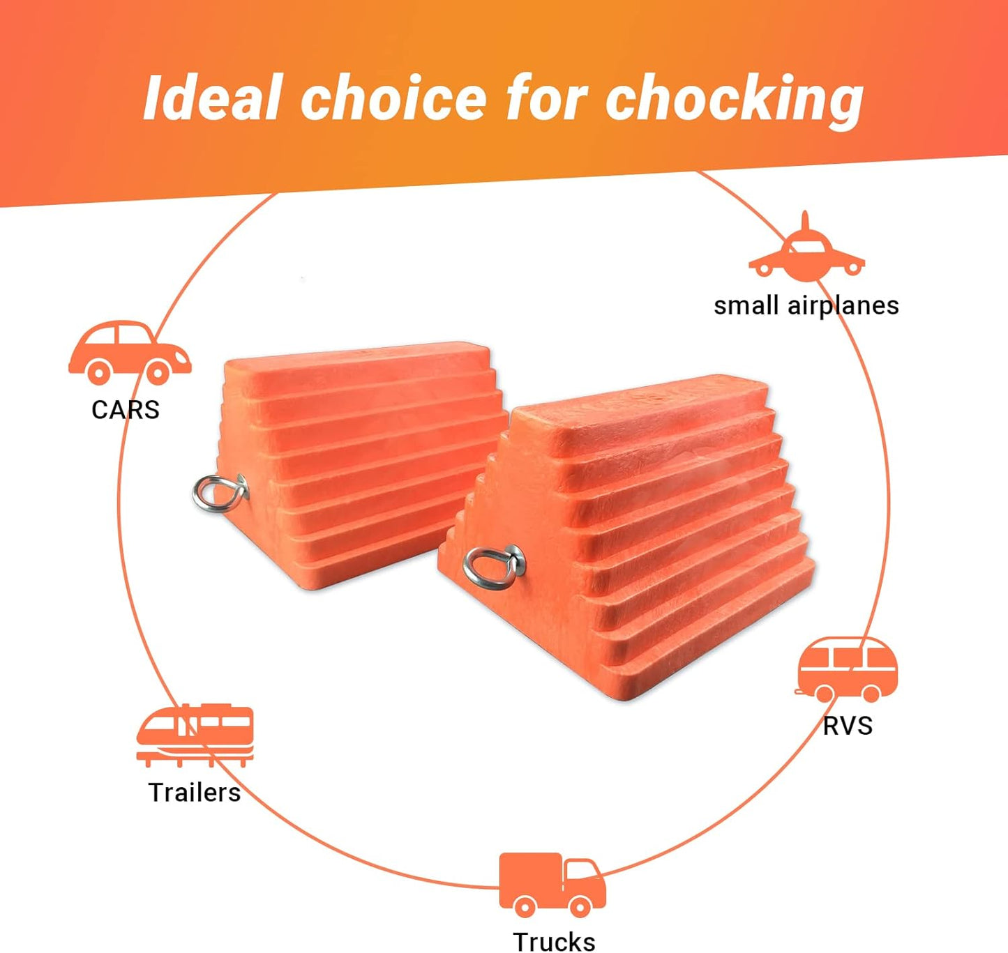 2 Packs Wheel Chocks Heavy Duty Orange with Eyebolt, Vehicle Chock for Travel Trailers, Camper, Truck, Car and ATV, 9.1" Length x 7.1" Width x 5.5" Height