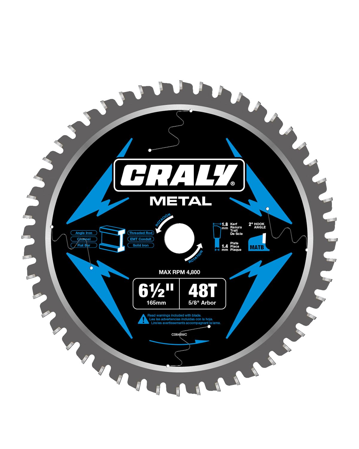 CRALY 6-1/2 Inch 48 Teeth Steel and Ferrous Metal Cutting Circular Saw Blade, 5/8 Inch Arbor, Thin Kerf, Professional Carbide Tipped Blade for Angle Iron, Threaded Rod, EMT Conduit(C0648MC)