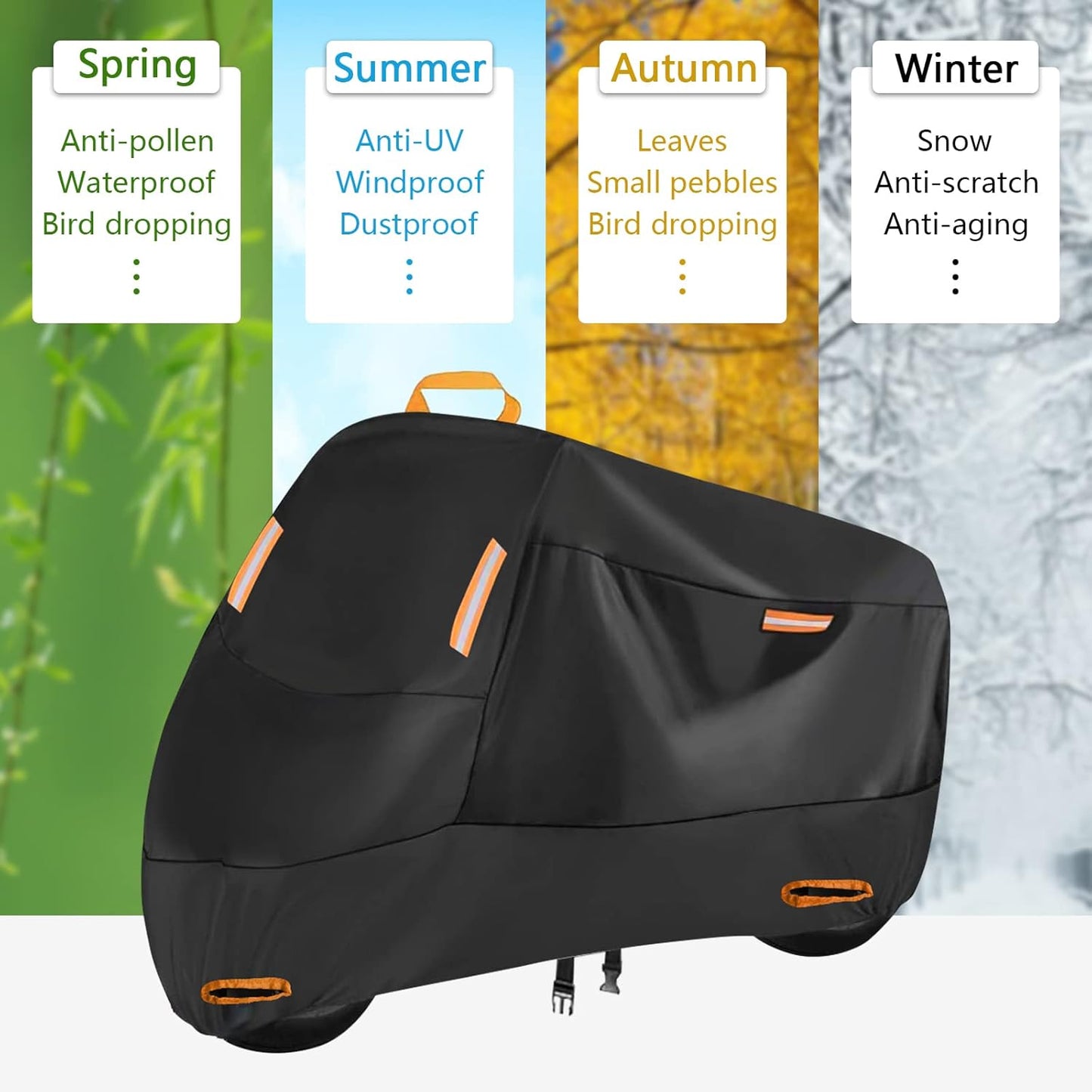 300D Motorbike Cover Waterproof Outdoor, Seceles Durable All Season Protection Scooter Cover 4 Reflective Tape Storage Bag Fits up to 82" Funda para Moto (XL: 82" x 37" x 50")