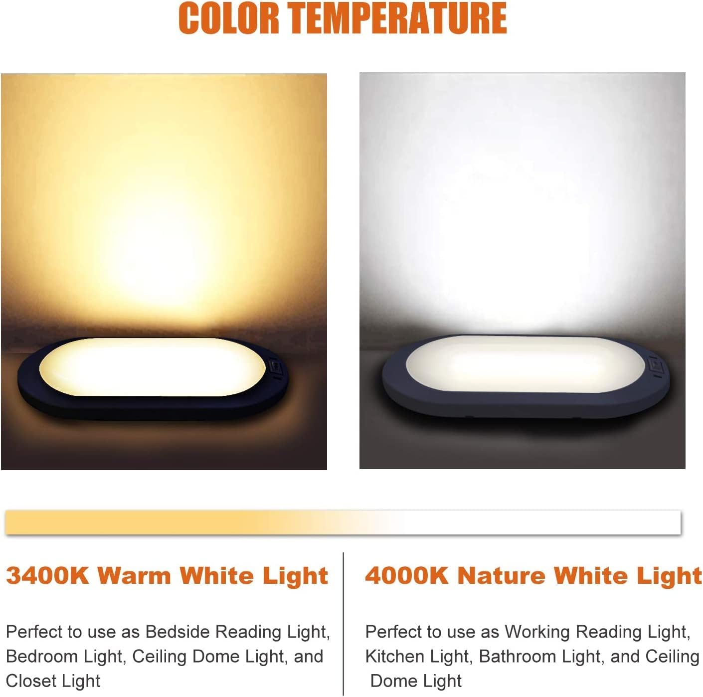 Facon Dual-Tone 12Volts Bright RV LED Interior Light with Switch, 3000K/4000K Smart Lighting Upgrade for RVs, Campers, Boats, cETL Certified