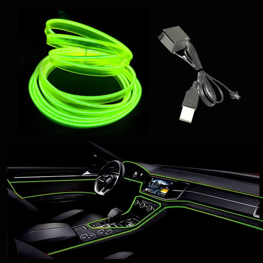 El Wire Lemon Green Interior Car LED Strip Lights, 3M Neon Wire USB 5V with Fuse Protection for Automotive Interior Decoration, with 6mm Sewing Edge