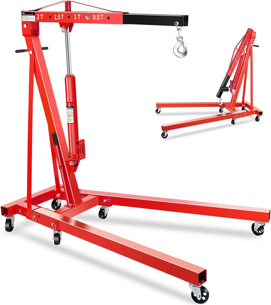 2-Ton Folding Engine Hoist, Hydraulic Shop Crane with 6 Swivel Wheels & Adjustable Boom (0.5T-2T), Heavy-Duty Cherry Picker for Garage, Workshop, Truck, Farm (Net Wt. 157 lbs)