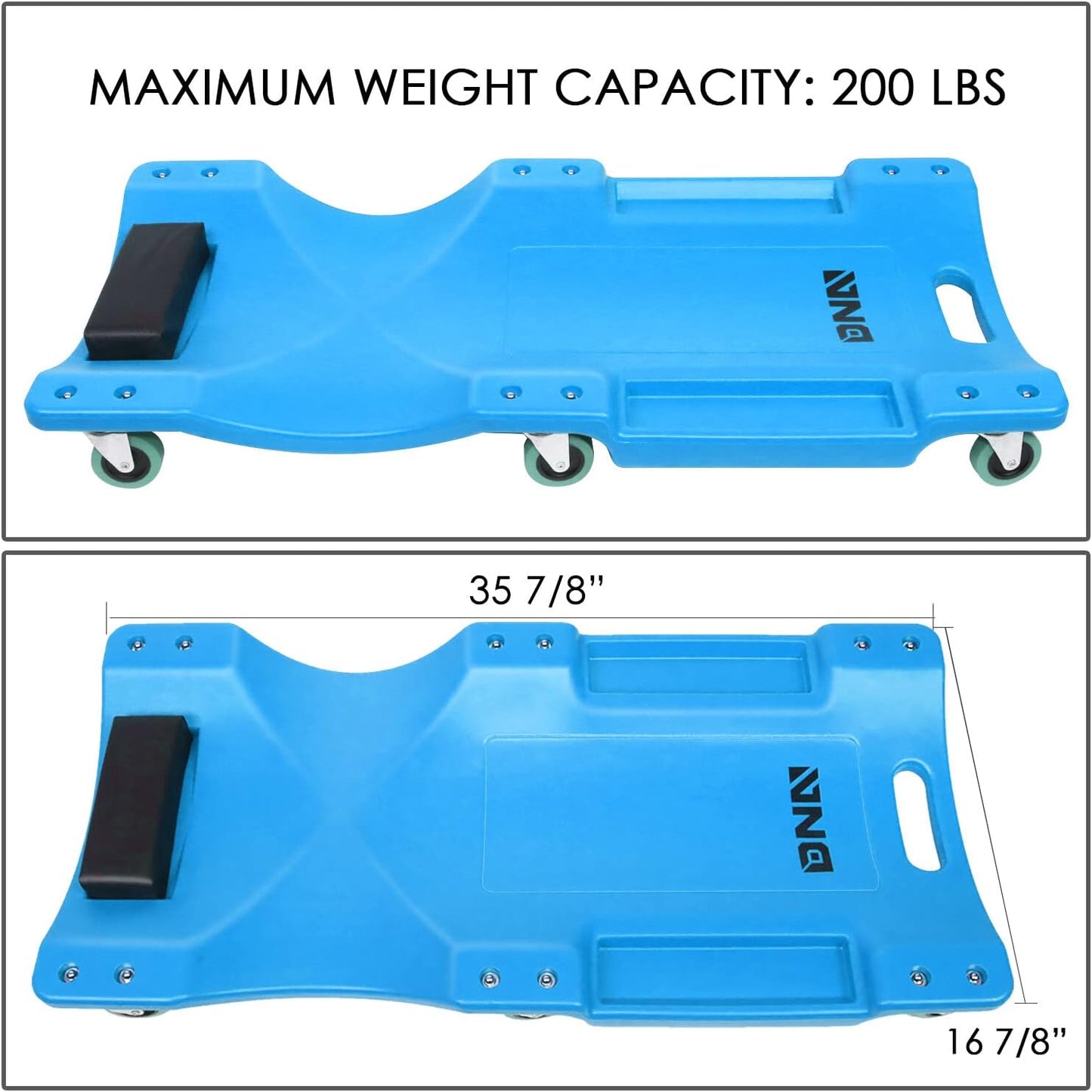 DNA MOTORING 40Inch Low Profile Plastic Rolling Garage Shop Creeper with Padded Headrest,Tool Trays & 6pcs Casters,Blue, TOOLS-00217