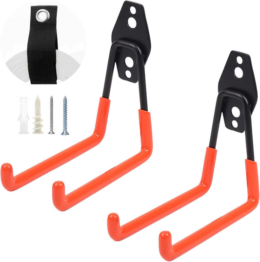 Heavy-Duty Garage Hooks -4 Pack Type medium J - Anti-Slip Coated Wall-Mounted Hooks Wall Mount Storage Organizer for Hanging Power and Garden Tools, Ladders, Hose, Bikes, Ropes, Bulk Items, and More