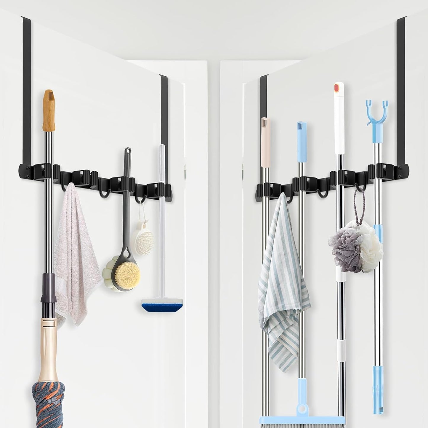 Broom Holder Over The Door 2Pack - 304 Stainless Steel Mop and Broom Hanger Wall Mounted or Hanging Over The Door with Hooks - Tool Organizer for Garage Closet Laundry Kitchen Decor