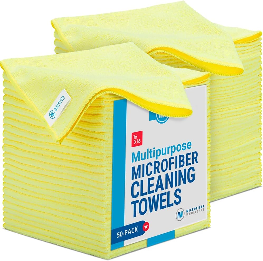 16" x 16" All Purpose Microfiber Towels - 50 Pack - Reusable Wash Cloths, Dust, Kitchen, Car, Shop Rags for Cleaning (Yellow)
