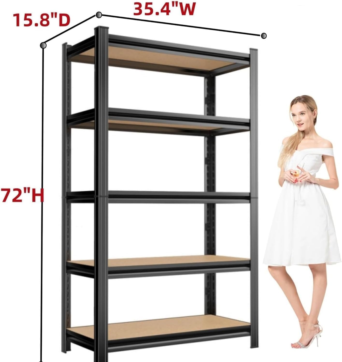Garage Shelving Unit, 2550Lbs Heavy Duty 5-Tier Metal & Wood Adjustable Storage Rack, Black, 72”H x 35.4”W x 15.8”D, for Garage, Basement, Warehouse, Utility Storage