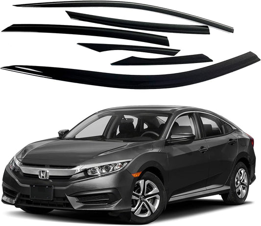 AUTOCLOVER Tape-On Rain Guards Window Visors 6 Pcs Set for Honda Civic Sedan 4dr 2016 2017 2018 2019 2020 2021 / Window Deflectors, Out-Channel Vent Shades (Smoked)